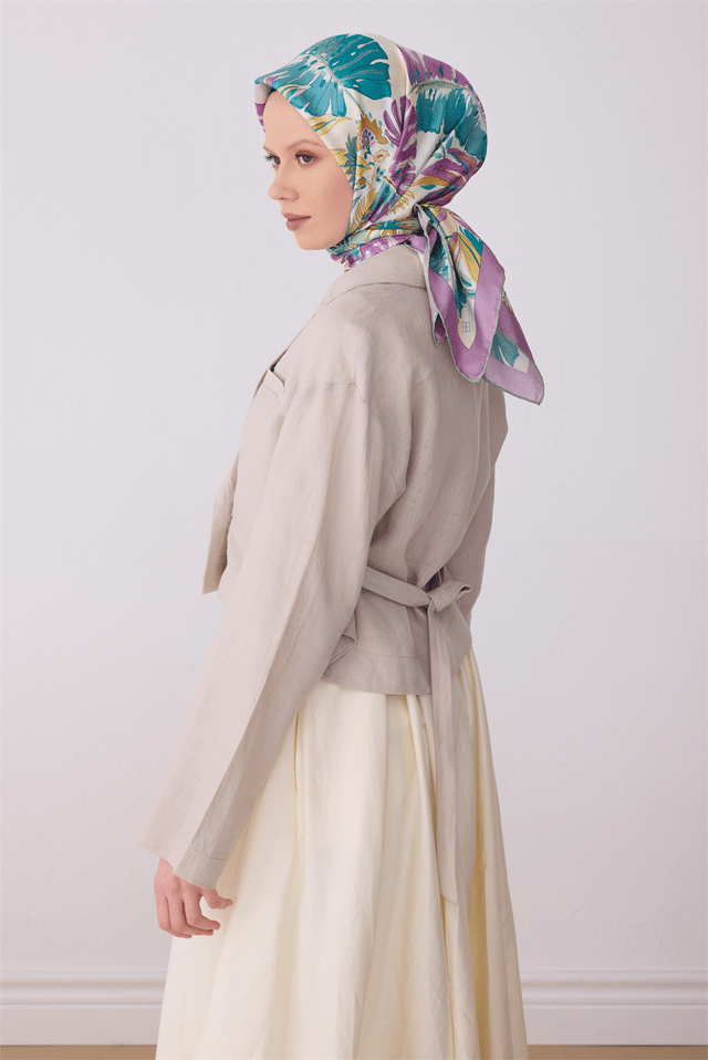 Çok Renkli Çiçek Desen %100 Twill İpek Eşarp 4323 - 84