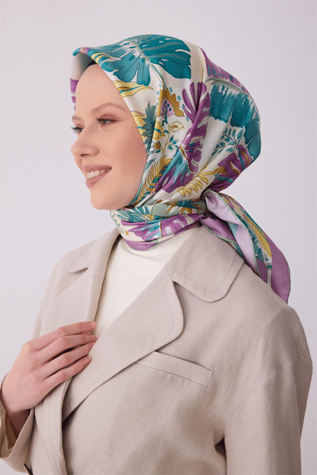 Çok Renkli Çiçek Desen %100 Twill İpek Eşarp 4323 - 84