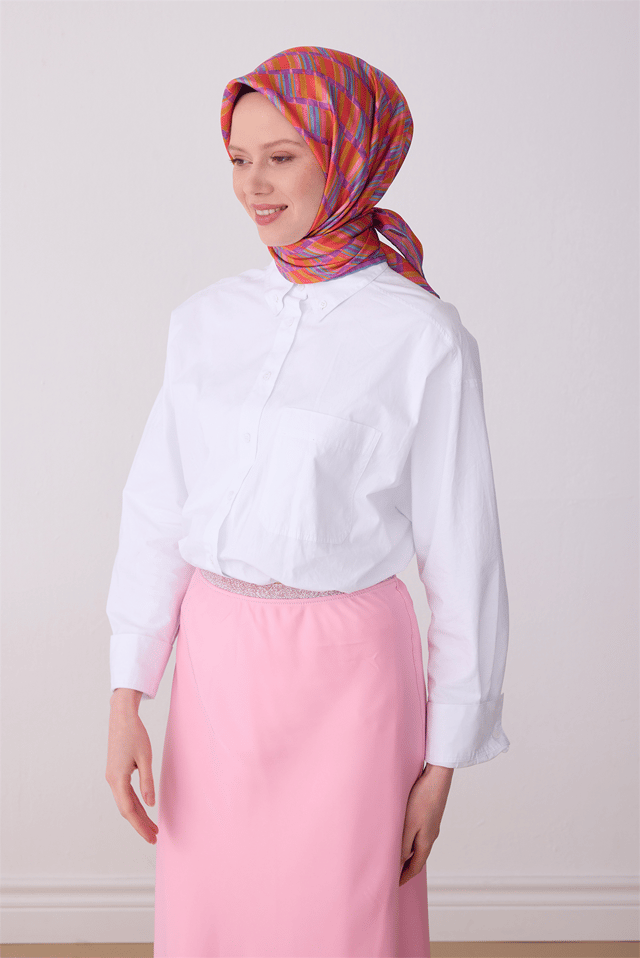 Çok Renkli Geometrik Desen %100 Twill İpek Eşarp 4302 - 80