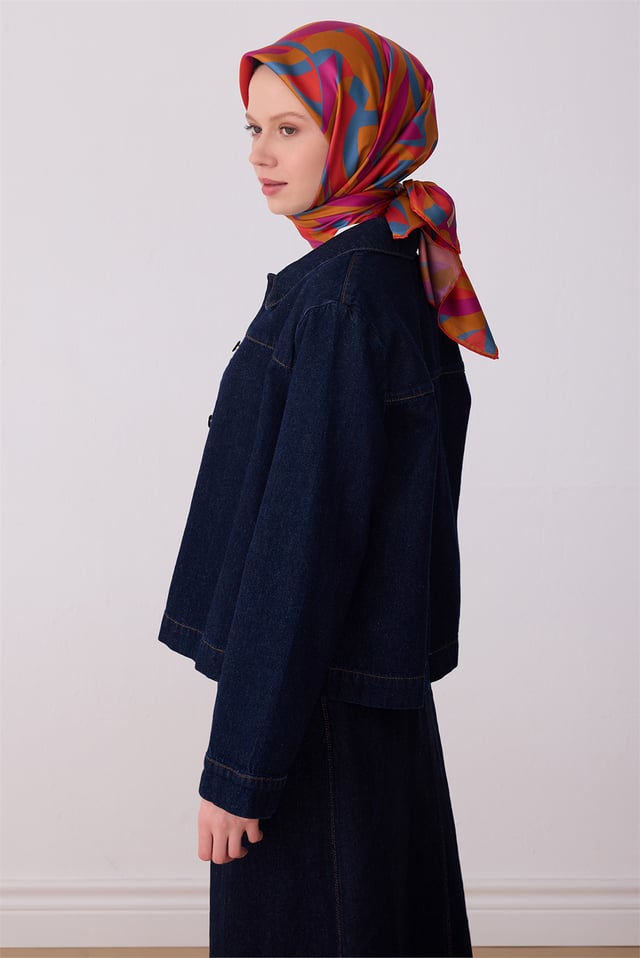 Çok Renkli Geometrik Desen %100 Twill İpek Eşarp 4327 - 83
