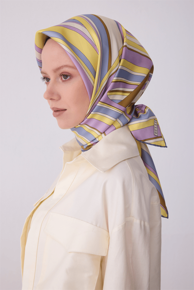 Çok Renkli Geometrik Desen %100 Twill İpek Eşarp 4311 - 03
