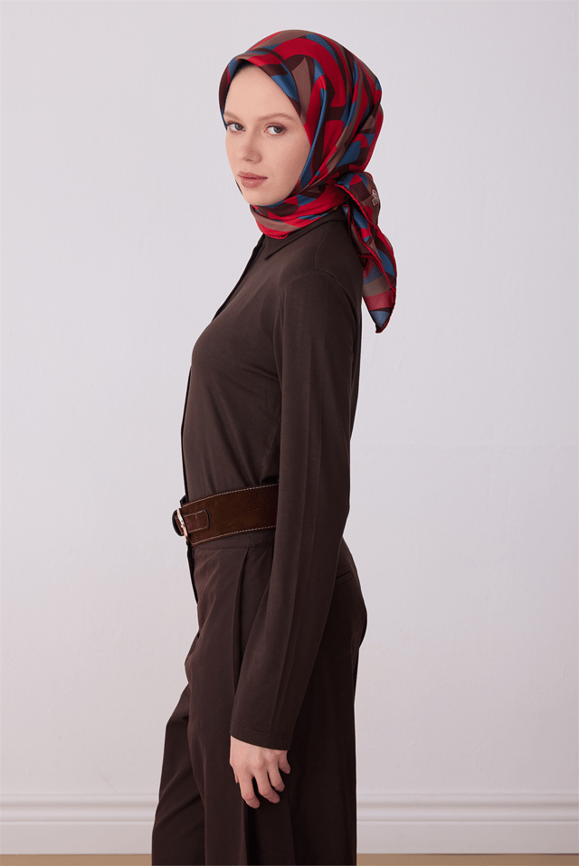 Çok Renkli Geometrik Desen %100 Twill İpek Eşarp 4327 - 85