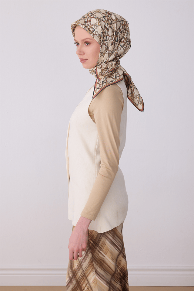 Çok Renkli Klasik Desen %100 Twill İpek Eşarp 4328 - 81