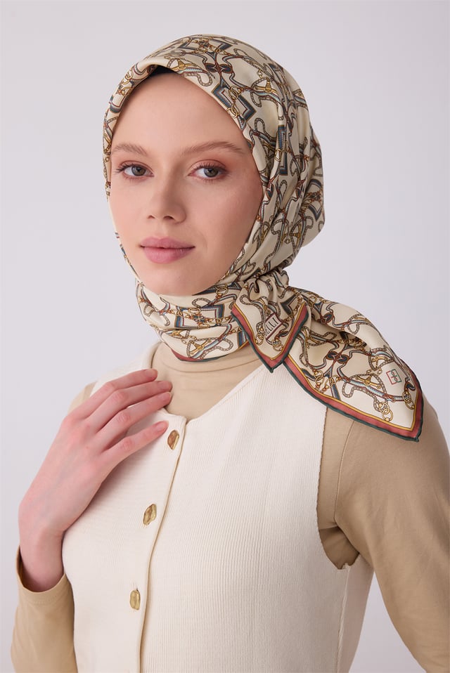 Çok Renkli Klasik Desen %100 Twill İpek Eşarp 4328 - 81