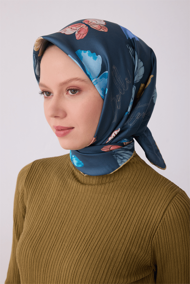 Çok Renkli Obje Desen %100 Twill İpek Eşarp 4329 - 50