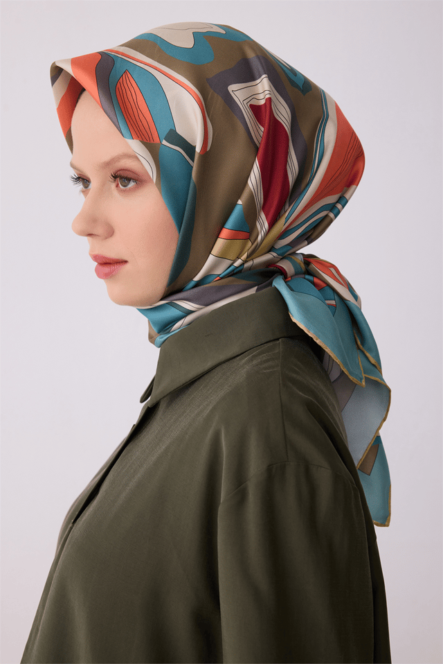 Çok Renkli Soyut Desen %100 Twill İpek Eşarp 4318 - 81