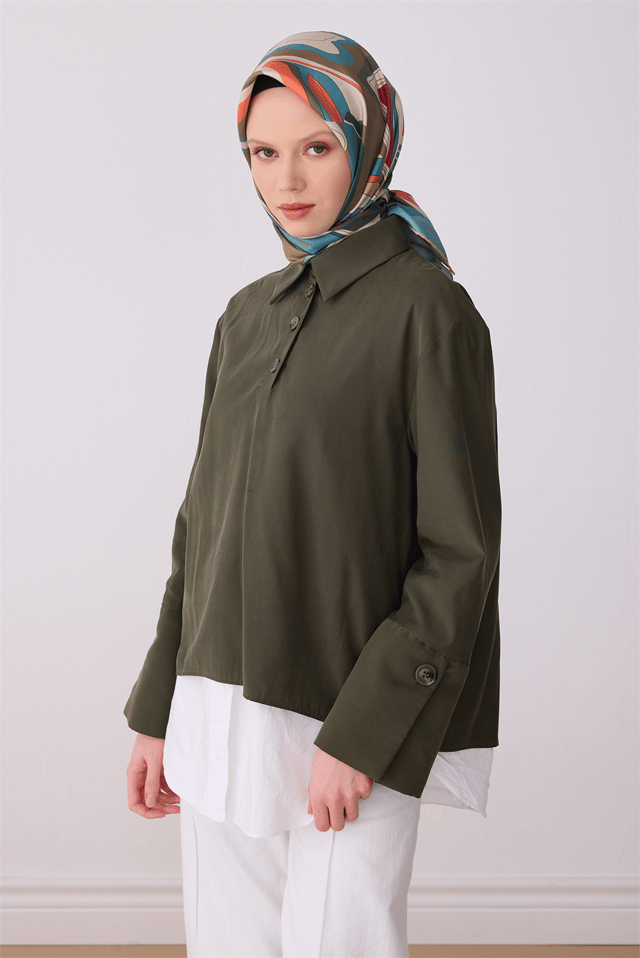 Çok Renkli Soyut Desen %100 Twill İpek Eşarp 4318 - 81