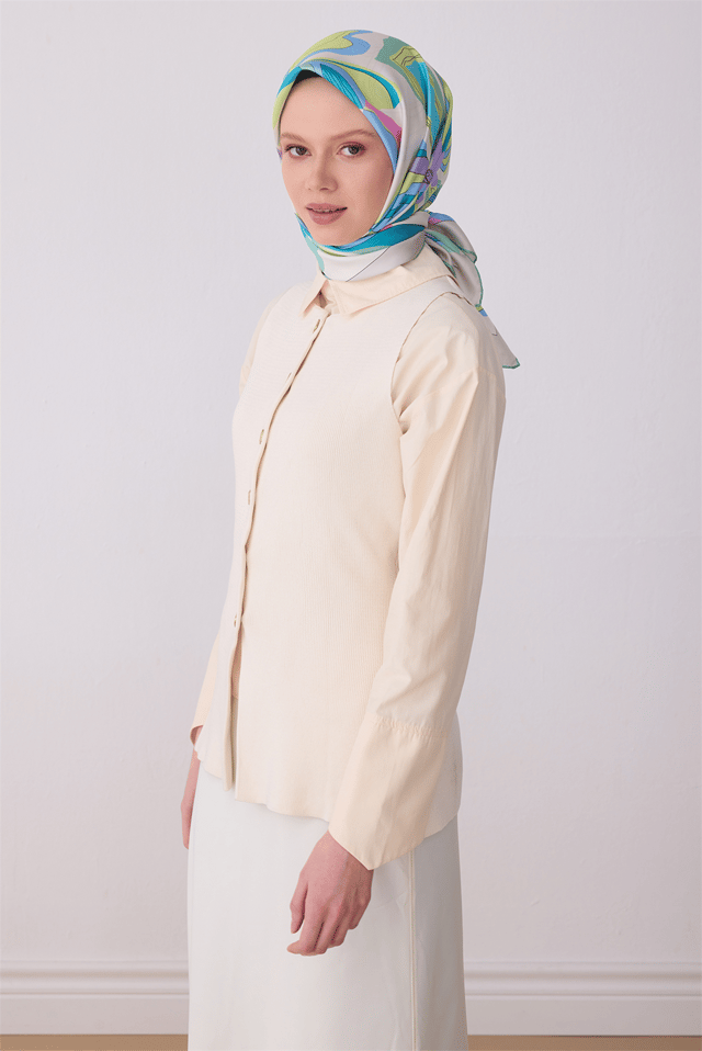 Çok Renkli Soyut Desen %100 Twill İpek Eşarp 4318 - 01