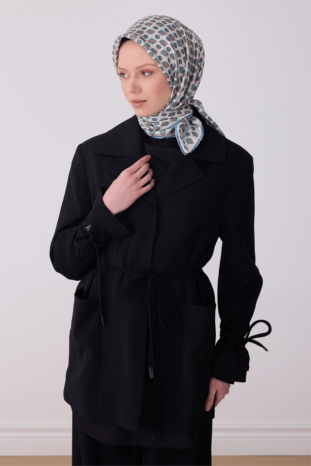 Ekru Etnik Desen %100 Twill İpek Eşarp 4308 - 87