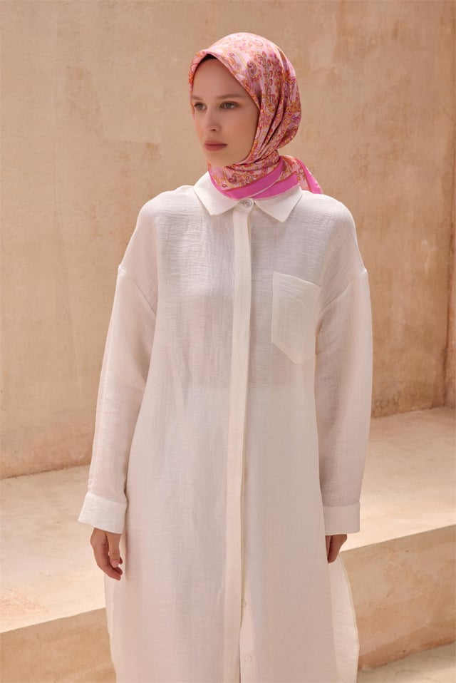 Pembe Etnik Desen %100 Twill İpek Eşarp 4101 - 80