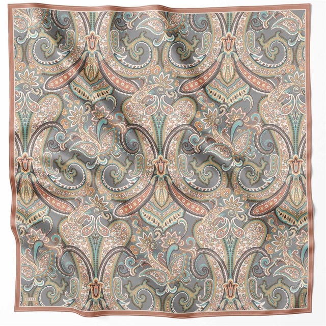 Kiremit Etnik Desen %100 Twill İpek Eşarp 4202 - 34
