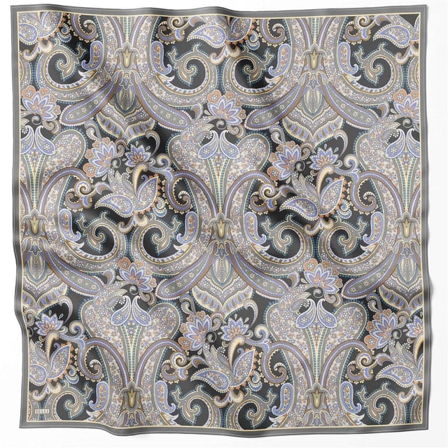 Antrasit Etnik Desen %100 Twill İpek Eşarp 4202 - 88