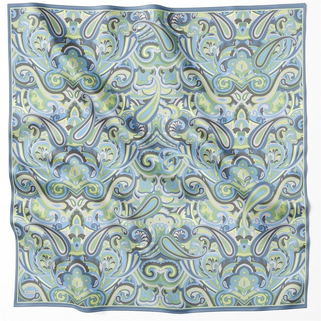 Yeşil Mavi Etnik Desen %100 Twill İpek Eşarp 4222 - 81