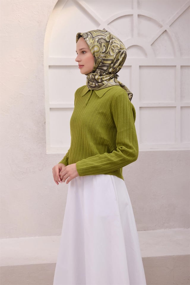Haki Etnik Desen %100 Twill İpek Eşarp 4222 - 87