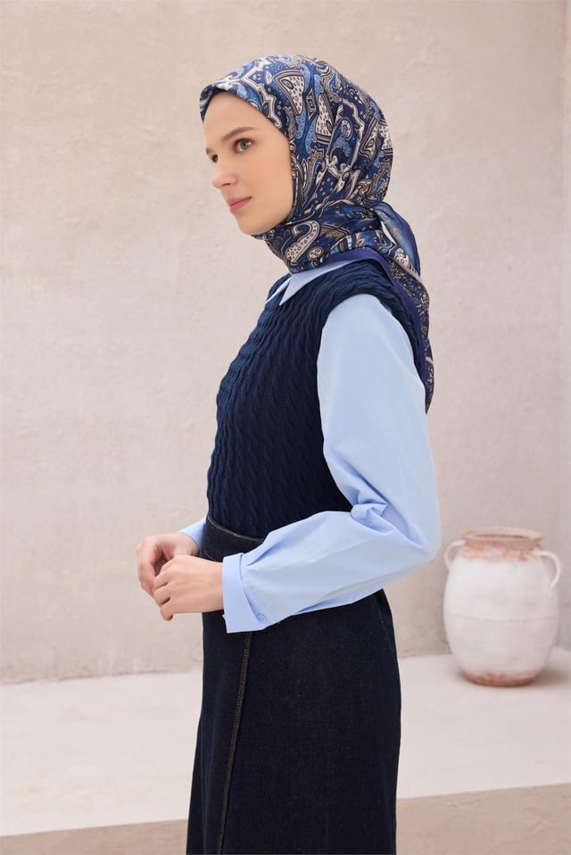 Belli Etnik Desen Saks Premium Soft Eşarp 5 - 08