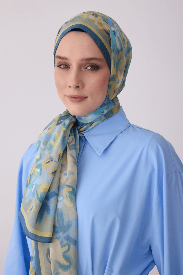 Belli Fresh Çiçek Desen Mavi Aura Şal 3723 - 08