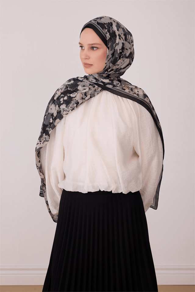 Belli Fresh Çiçek Desen Siyah Gri Aura Şal 4274 - 32