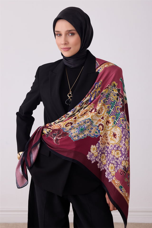 Belli Fresh Bordo Çiçek Desen Omuz Şalı 5826 - 90
