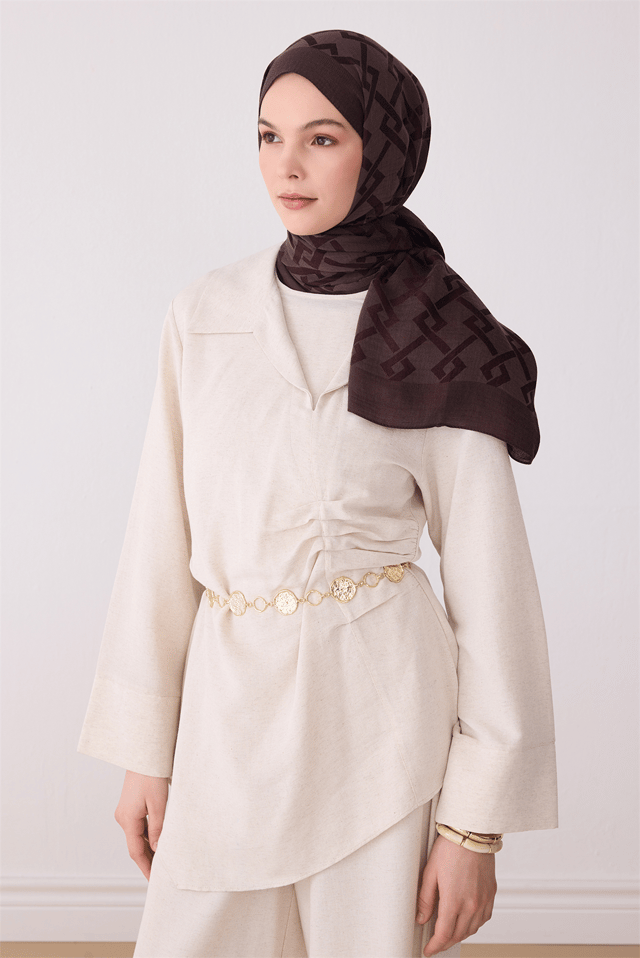 Belli Fresh Geometrik Desen Kahve Vizon Ivory Şal 1 - 15