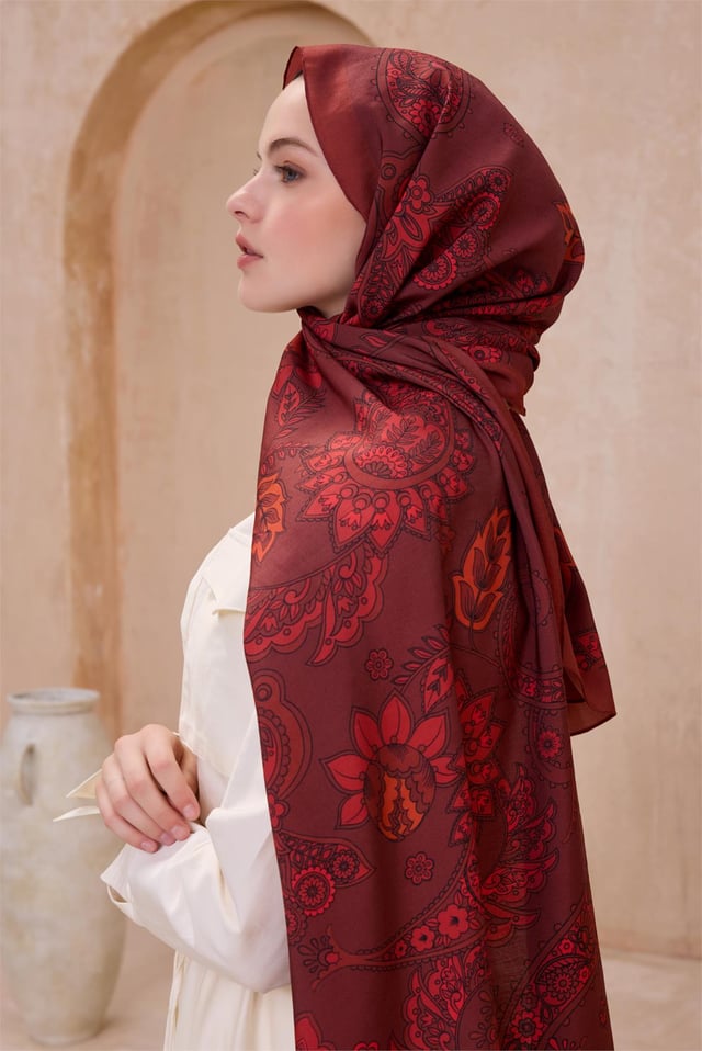 Belli Fresh Etnik Desen Bordo Modal Şal 2 - 11