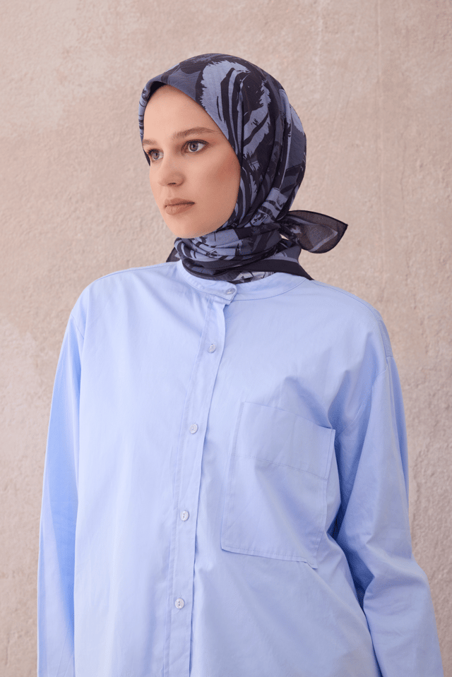 Belli Fresh Yaprak Desen Lacivert Gri Mavi Paulista Eşarp 14 - 02