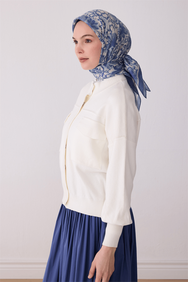 Belli Fresh Çiçek Desen Mavi Bej Rozy Eşarp 3335 - 02