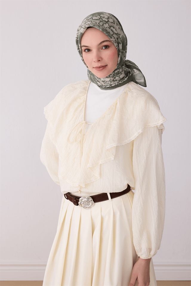 Belli Fresh Çiçek Desen Haki Bej Rozy Eşarp 3335 - 03