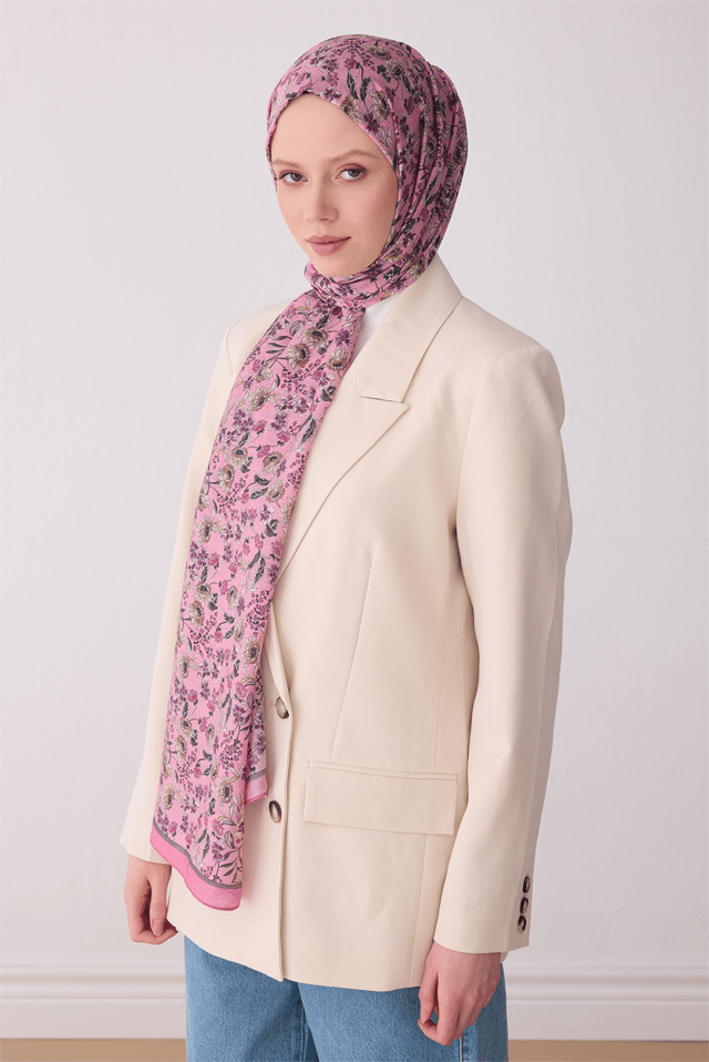 Belli Fresh Çiçek Desen Pembe Gül Kurusu Sanda Şal 3114 - 17