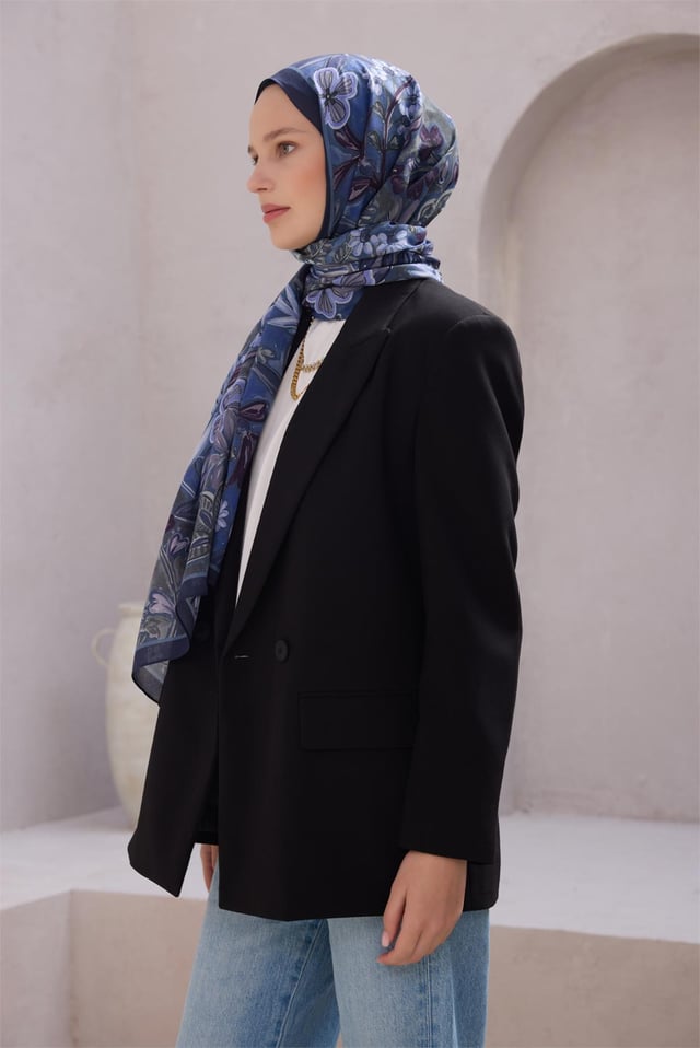 Belli Fresh Çiçek Desen Lacivert Mavi Gri Sandy Şal 1478 - 17