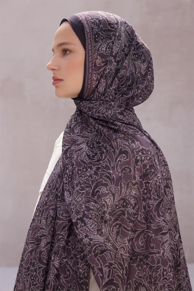 Belli Fresh Çiçek Desen Pembe Gri Mürdüm Sandy Şal 1588 - 07