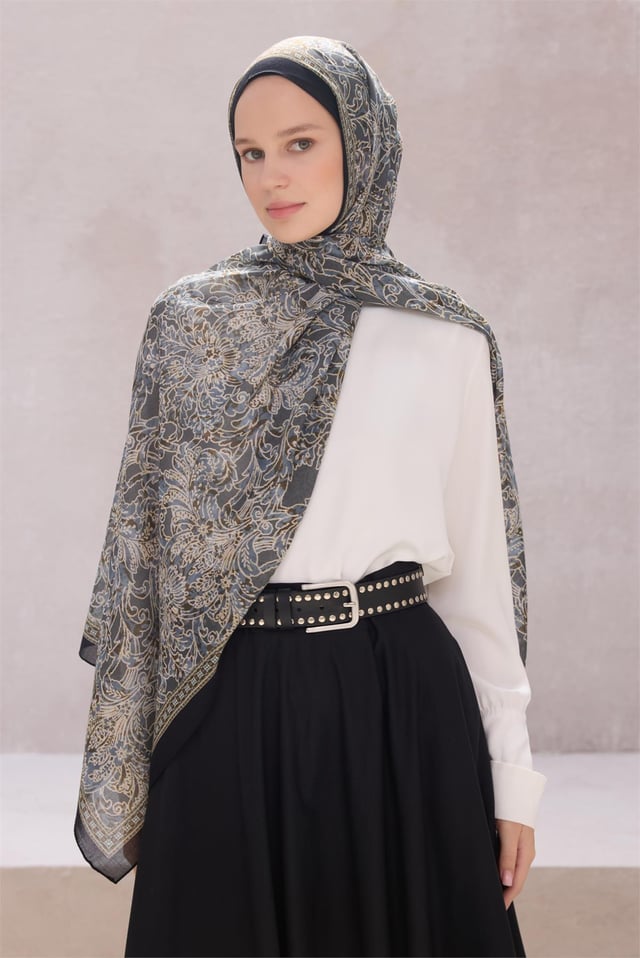 Belli Fresh Paisley Desenli Füme Gri Bej Sandy Şal 1588 - 38