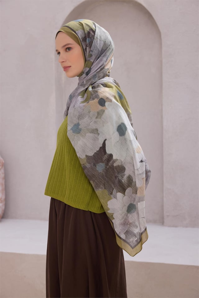 Belli Fresh Çiçek Desen Gri Haki Mavi Sandy Şal 1750 - 13