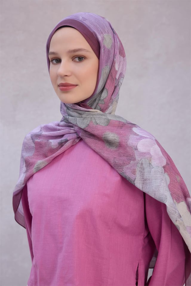 Belli Fresh Çiçek Desen Pembe Gri Mürdüm Sandy Şal 1750 - 41