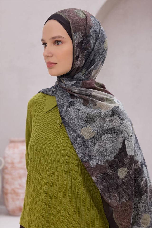 Belli Fresh Çiçek Desen Siyah Gri Kahve Sandy Şal 1750 - 54