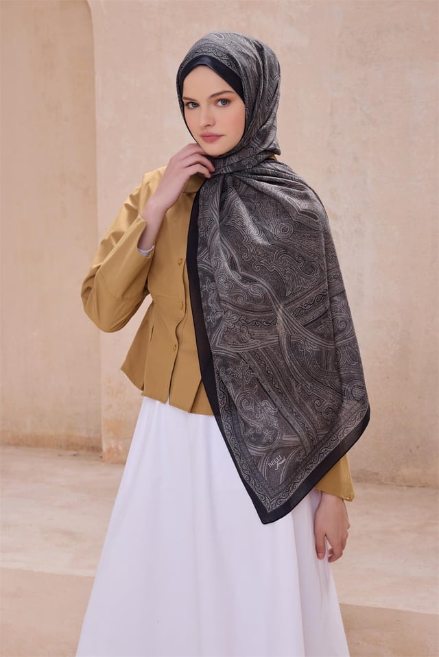 Belli Fresh Etnik Desen Siyah Vizon Vintage Şal 2 - 41