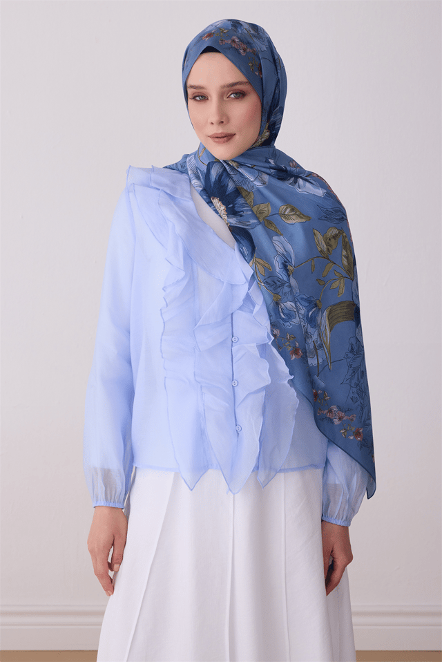 Belli Fresh Yaprak Desen Mavi Vual Şal 3396 - 48