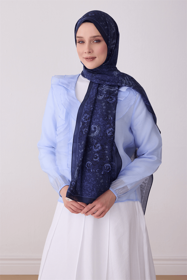 Belli Fresh Yaprak Desen Lacivert Vual Şal 3806 - 35