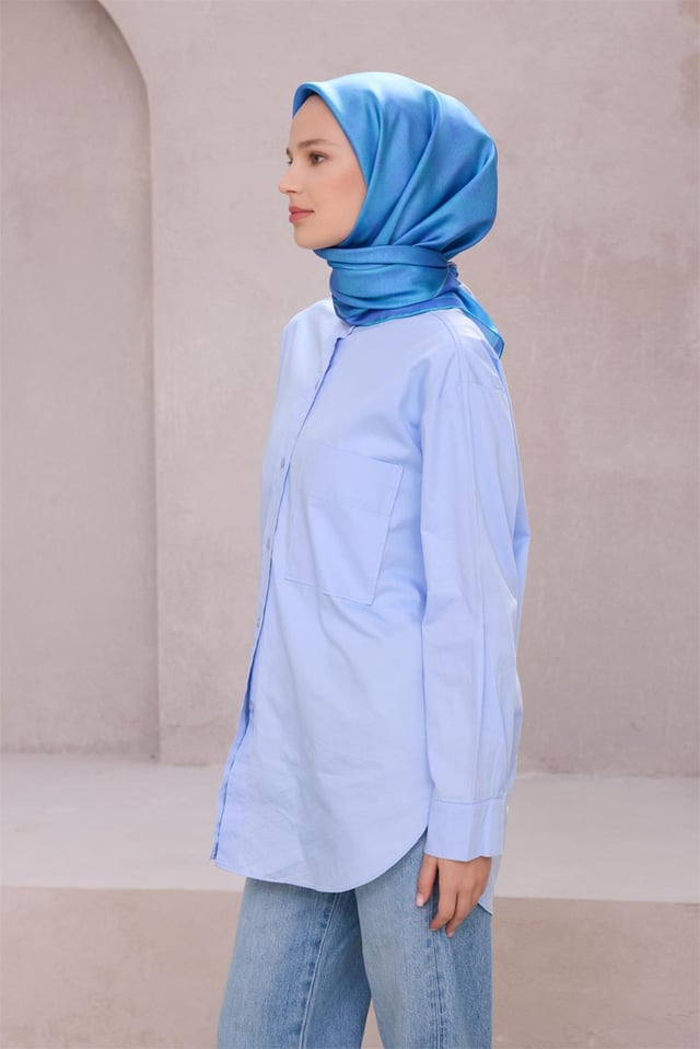 Mavi Geometrik Desen %100 Twill İpek Eşarp 4201 - 41