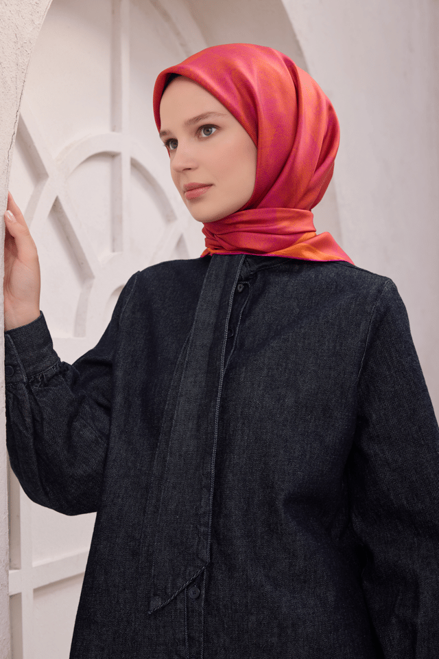 Mor Geometrik Desen %100 Twill İpek Eşarp 4201 - 36