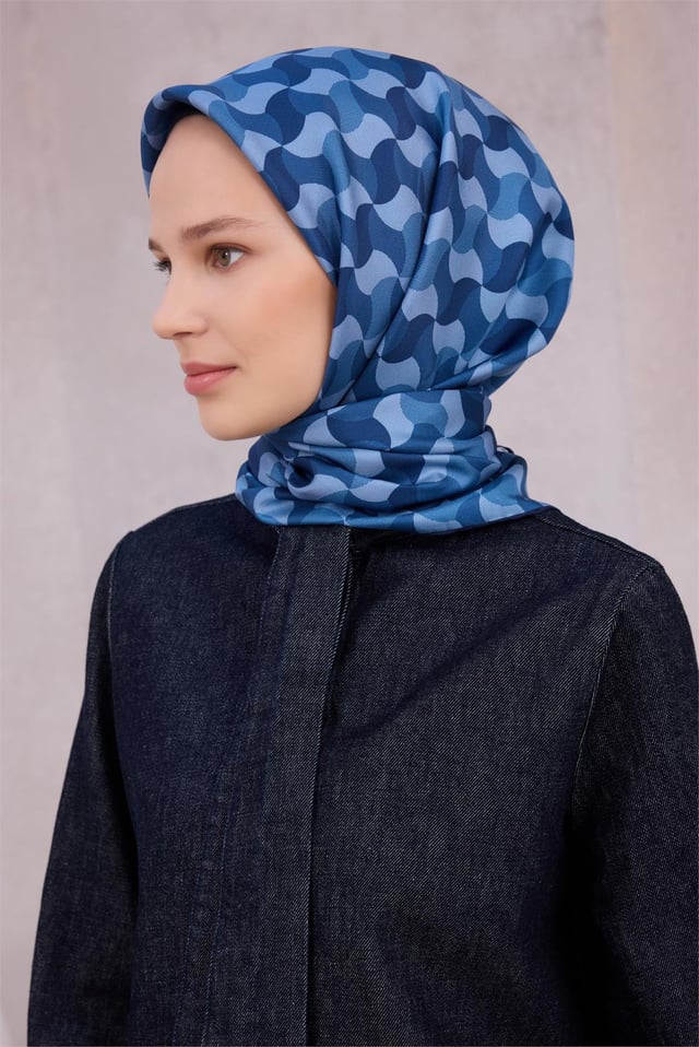 Lacivert Geometrik Desen %100 Twill İpek Eşarp 4211 - 06