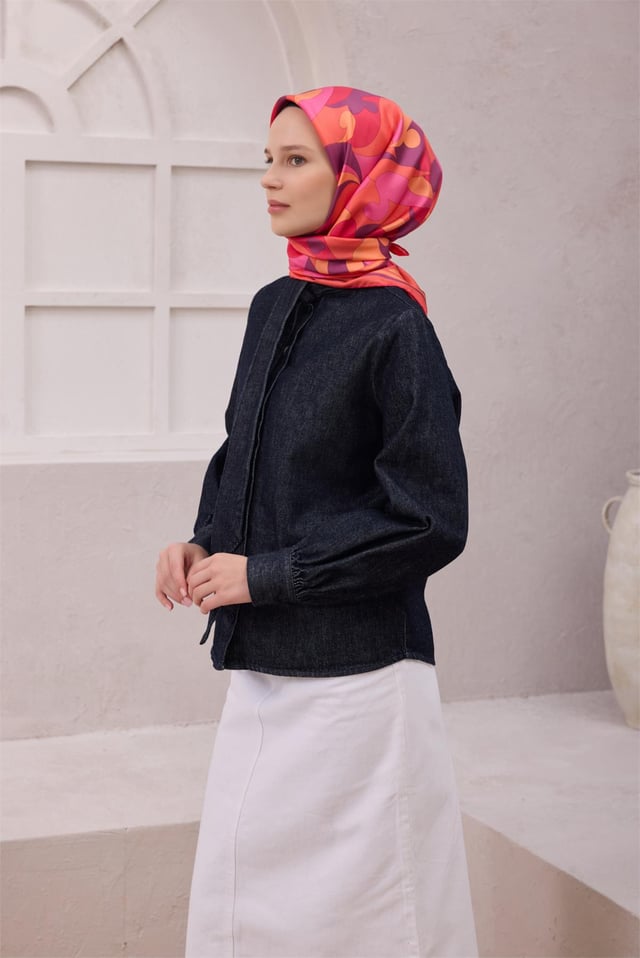 Pembe Geometrik Desen %100 Twill İpek Eşarp 4213 - 81