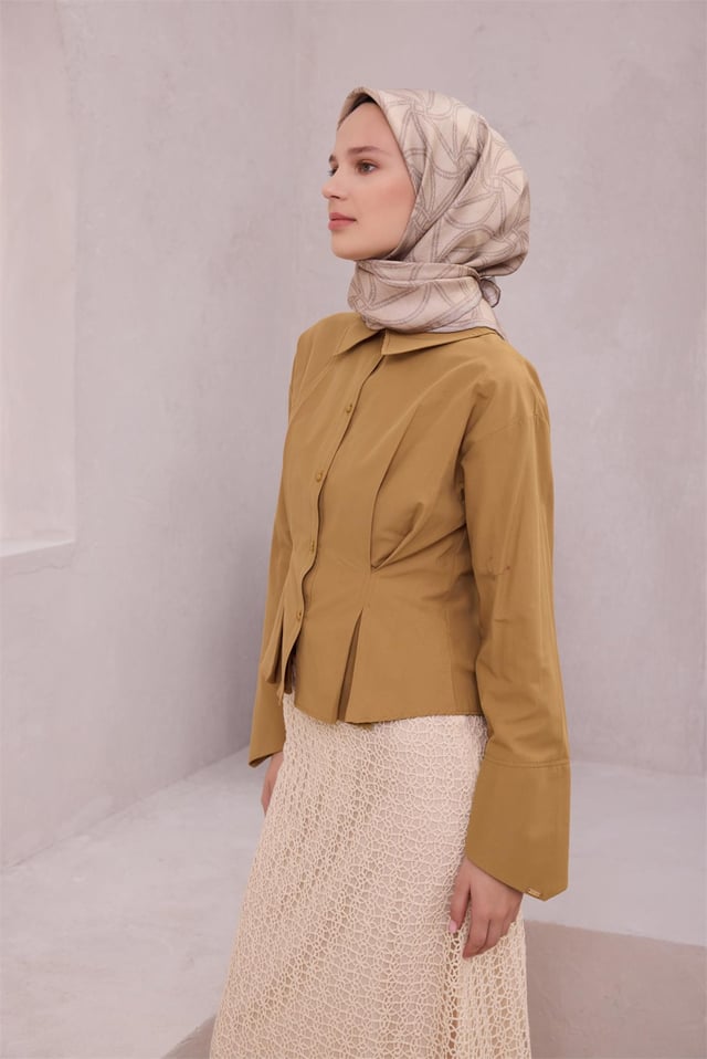 Bej Geometrik Desen %100 Twill İpek Eşarp 4221 - 83