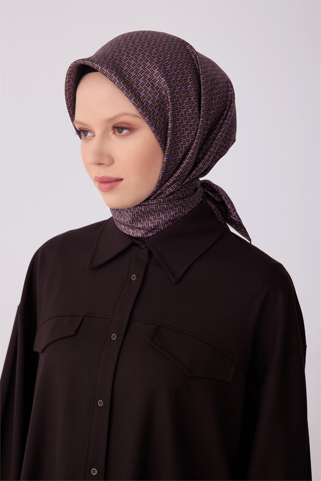 Kahverengi Klasik Desen %100 Twill İpek Eşarp 4317 - 34