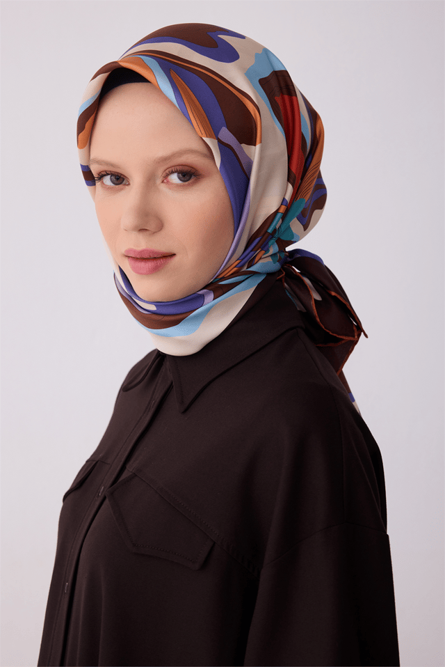 Kahverengi Soyut Desen %100 Twill İpek Eşarp 4318 - 05