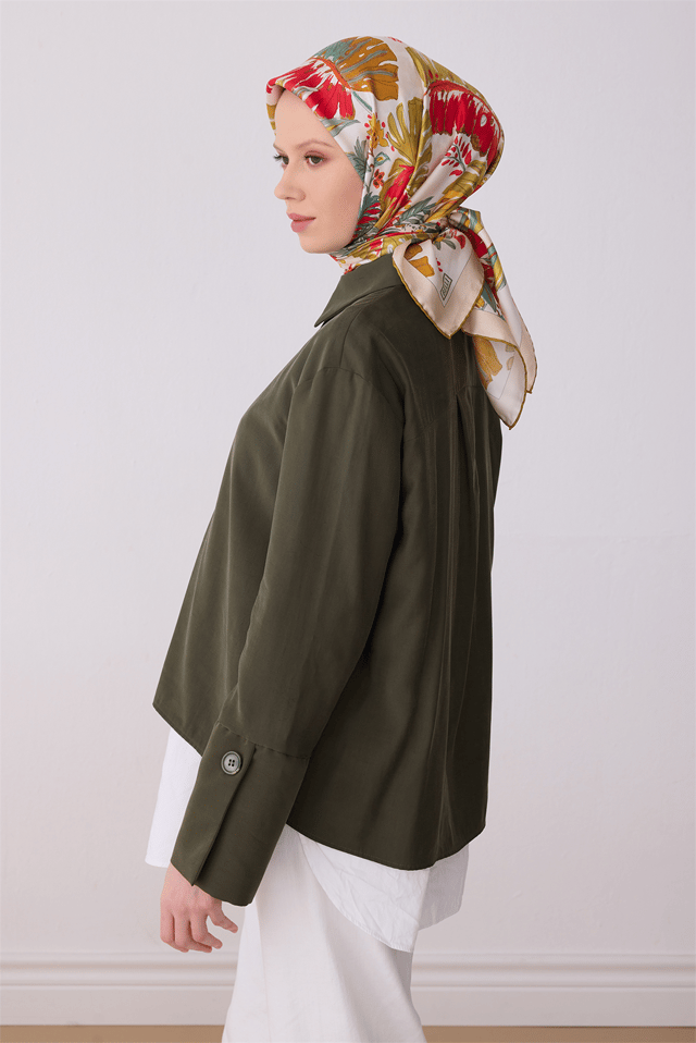 Kırmızı Çiçek Desen %100 Twill İpek Eşarp 4323 - 01