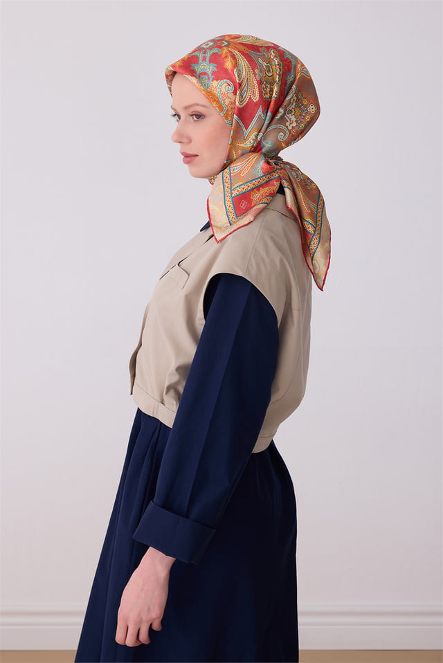 Kırmızı Etnik Desen %100 Twill İpek Eşarp 4304 - 03