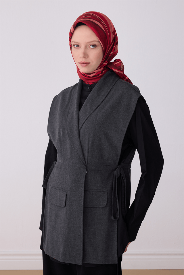 Kırmızı Geometrik Desen %100 Twill İpek Eşarp 4311 - 06