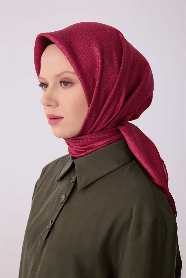 Kırmızı Klasik Desen %100 Twill İpek Eşarp 4317 - 80