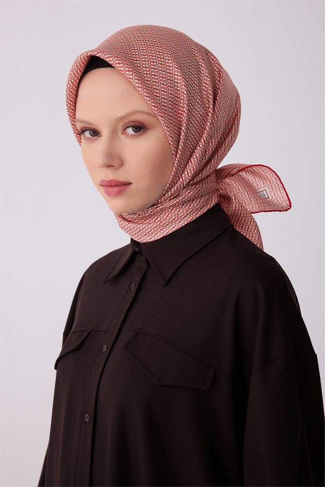 Kırmızı Monogram Desen %100 Twill İpek Eşarp 4321 - 83