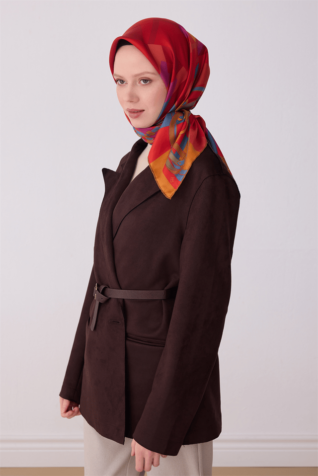 Kırmızı Obje Desen %100 Twill İpek Eşarp 4300 - 80
